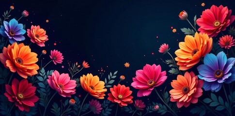 Colorful explosion of flowers in vibrant hues on a dark background, flower, graphic, pack