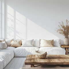 Bright and airy living room features comfortable white modular sofa