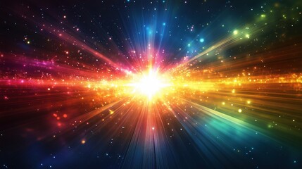 Naklejka premium Colorful cosmic explosion with radiant light beams and sparkling stars