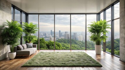 A minimalist room with a plush area rug and a large window overlooking the city skyline