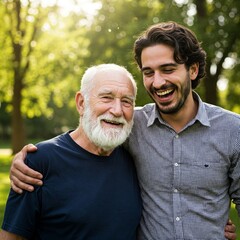 A heartwarming moment between an elderly man with a white beard and a younger man with dark hair, both smiling and laughing together outdoors