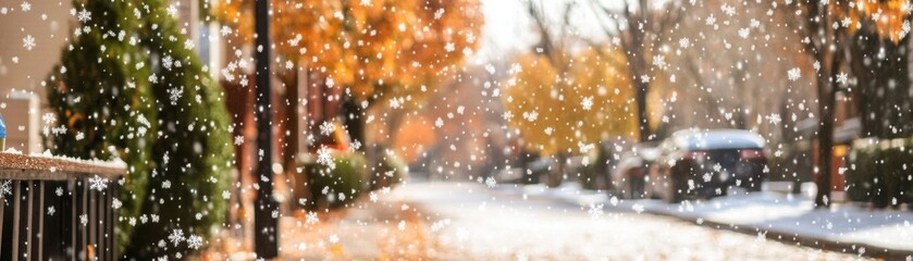 Soft snowflakes gently cascade from a gray sky, blanketing a quiet street. In the background, a solitary figure walks, bundled in a warm coat, leaving footprints in the fresh snow.