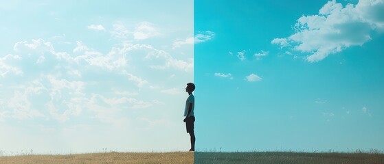 A serene person observes the divided horizon, where the sky and clouds offer a stark light/blue contrast. It's calm.