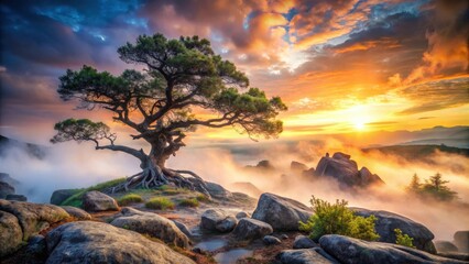 Vibrant swirling mist rises from earthy terrain amidst twisted tree roots and weathered boulders in a mystical landscape, mystical landscape, natural wonder