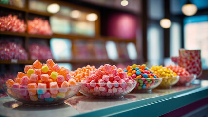 Variety of Colorful Candies and Lollipops Displayed on Candy Shop Counter