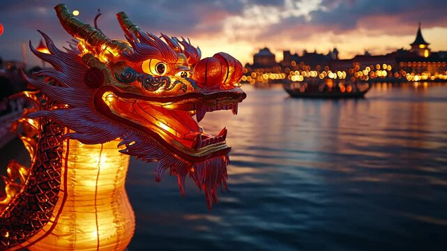 Illuminated Dragon Boat at Sunset