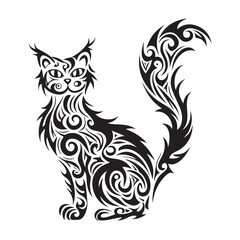 Artistic Feline Silhouette: Intricate patterns and swirling lines compose a striking black and white illustration of a cat, conveying elegance and creativity.