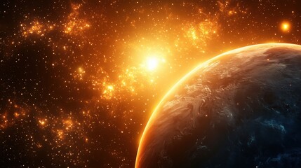 Fototapeta premium Stunning cosmic view of planet with glowing stars and bright sun in deep space