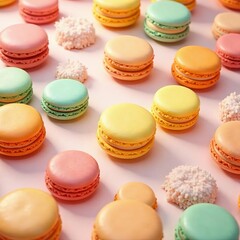 Obraz premium Colorful macarons arranged in an elegant pattern on white background, arrangement, pastry, dessert