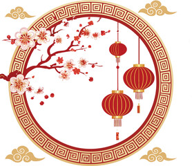 Naklejka premium Chinese New Year Template Circle Shape With Flower And Lantern design