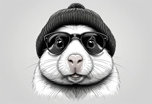 Stylish Guinea Pig in Knitted Hat and Sunglasses