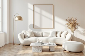 Elegant living room with blank picture frame on wall, cream sofa, marble coffee table, and golden decor elements in soft natural light. Ai generative