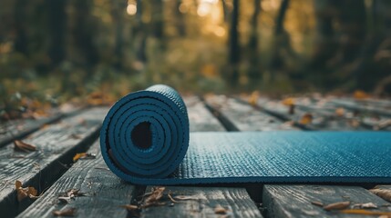 Rolledup Yoga Mat Outdoors on Wooden Surface