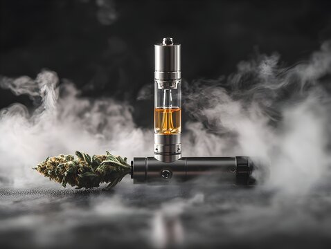 A sleek vape pen with cannabis oil cartridge sits on a dark surface emitting vapor next to a cannabis bud.