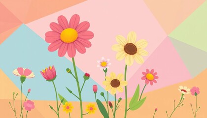 Obraz premium Cute cartoon blooming wildflowers in flat icon shapes on geometric backgrounds, wildflower icon, geometric flower
