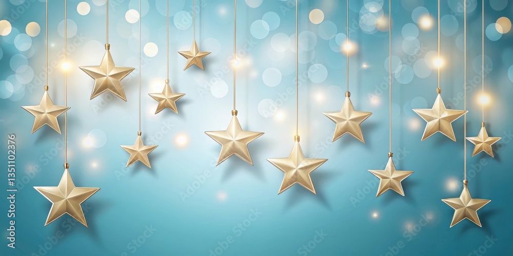 Wall mural hanging gold stars on a white string against a soft blue background with subtle gradient effect, fes