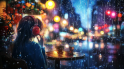 Fototapeta premium blurry interior of anime room of teenager with girl wearing headphones sitting in a café