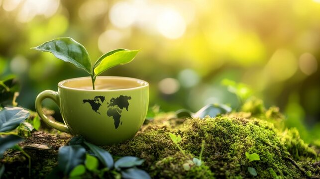 Green tea cup with world map and plant growing on mossy ground in sunlight - Powered by Adobe