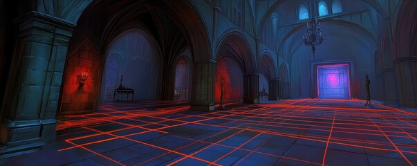 Obraz premium The room is softly illuminated by a warm red light, casting a cozy glow on the walls. Shadows dance across the space, creating an inviting and intimate atmosphere.