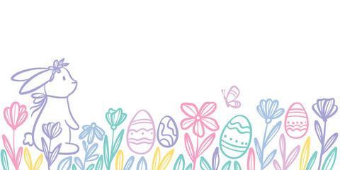 Cute colorful Easter line art vector illustration, rabbit doodle with flowers and eggs, spring meadow tiny plants greeting border design