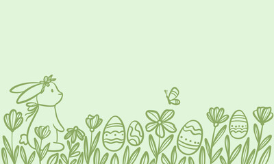 Green minimalist Easter vector line art doodle background, cute rabbit with flowers and eggs border design, greeting card frame illustration