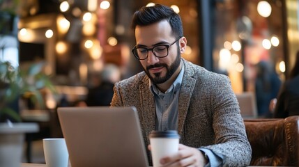 Young caucasian male in cafe working on laptop with coffee