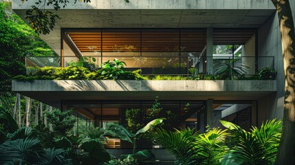 Fototapeta premium Modern concrete house surrounded by lush greenery, showcasing open spaces and natural light