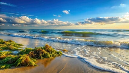 Tranquil ocean scene with waves gently lapping at the shore, seaweed swaying in the current , seaweed, coastal scenery