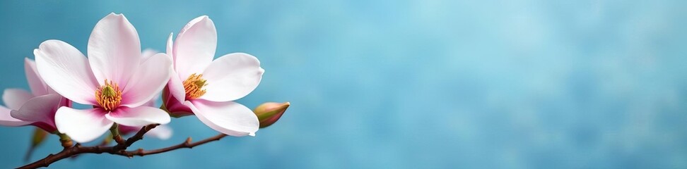 Fototapeta premium Delicate magnolia blossoms in white and pink on a blue background, elegance, soft colors, wallpaper