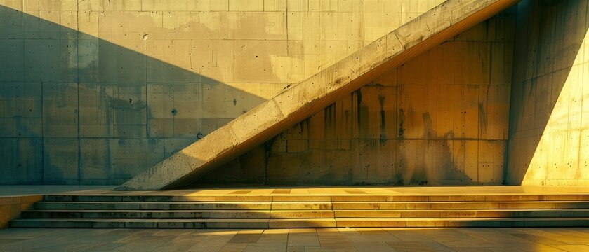 Abstract architectural composition featuring angular concrete walls and shadows at sunset