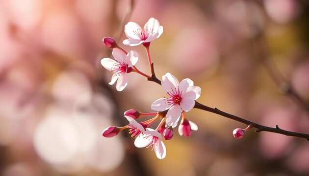 Delicate pink almond blossoms on a slender twig, soft spring light, almond tree, flora