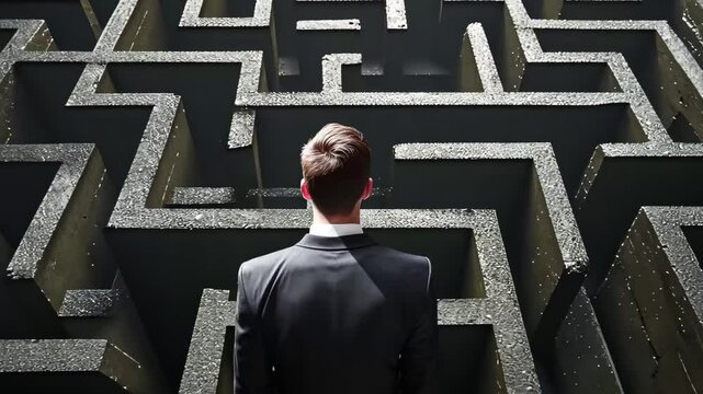 Businessman contemplating a complex maze on a black background during a decision-making moment, symbolizing strategic challenges and problem-solving