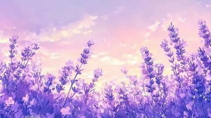 Obraz premium Serene Sunset Lavender Field Soft Hues of Purple and Pink