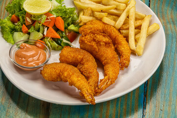 Golden fry prawns with french potato