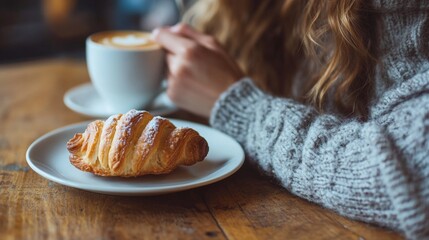 Cozy cafe morning with croissant and cappuccino on wooden table