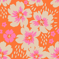 Tropical floral pattern with orange background. Seamless pattern with florals for fabric, textiles, clothing, wrapping paper. Vector illustration