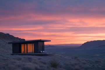 Modern cabin house in desert with a colorful sunset sky in background. Use for travel, architecture, vacation or unique lodging designs.