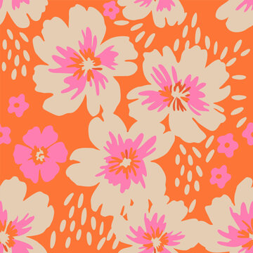 Tropical floral pattern with orange background. Seamless pattern with florals for fabric, textiles, clothing, wrapping paper. Vector illustration