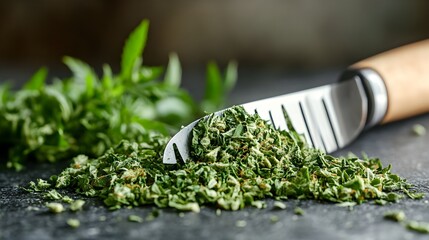 Close-up view of freshly harvested and dried cannabis buds being scraped with a small knife on a dark surface with fresh leaves in the background.