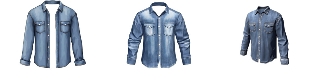 Three denim shirts, various sizes. Studio shot isolated on white or transparent