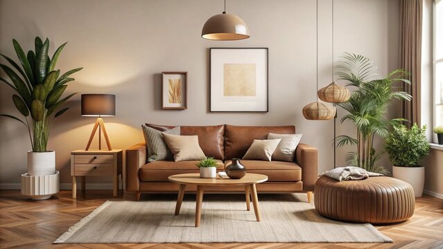 Warm and cozy interior of living room space with brown sofa, pouf, beige carpet, lamp, mock up poster frame, decoration, plant and coffee table. Cozy home d&eacute;cor.
