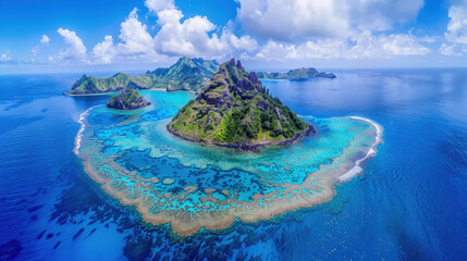 Tropical island surrounded by blue ocean waters.