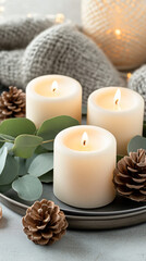 Winter holiday candle pinecone eucalyptus metal tray cozy flame light decoration neutral wax glow festive indoor detail evergreen sphere natural element seasonal table wallpaper web advertising market