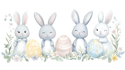 Fototapeta premium Easter bunnies with eggs, and flowers. (8)