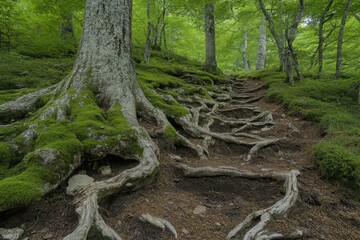 Obraz premium Forest Path Winding Through Mossy Tree Roots