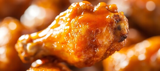 A close-up of a crispy chicken wing dipped in buffalo sauce