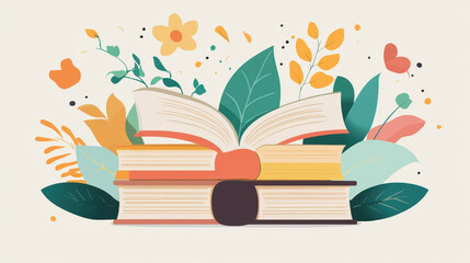 Illustrated books surrounded by floral art. © Thatouch