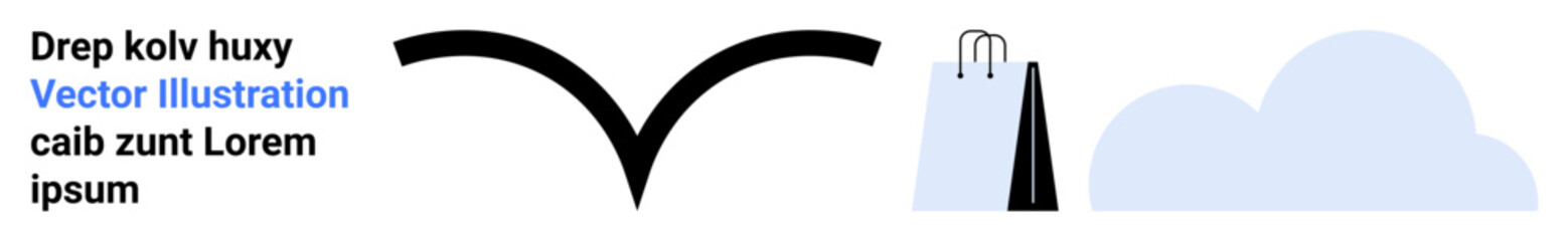 Flying bird silhouette, shopping bag symbol, clouds in background. Ideal for freedom, environment, shopping, simplicity, nature, sustainability clean design simple landing page