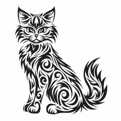 Mystical Feline Silhouette: A beautifully detailed black and white illustration of a regal cat adorned with intricate swirl patterns, evoking a sense of mystery and artistic elegance.