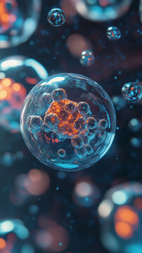 A glowing nucleus surrounded by clusters of vibrant orbs, all encapsulated within a transparent sphere&mdash;perfect for an energetic and modern science-themed phone wallpaper.